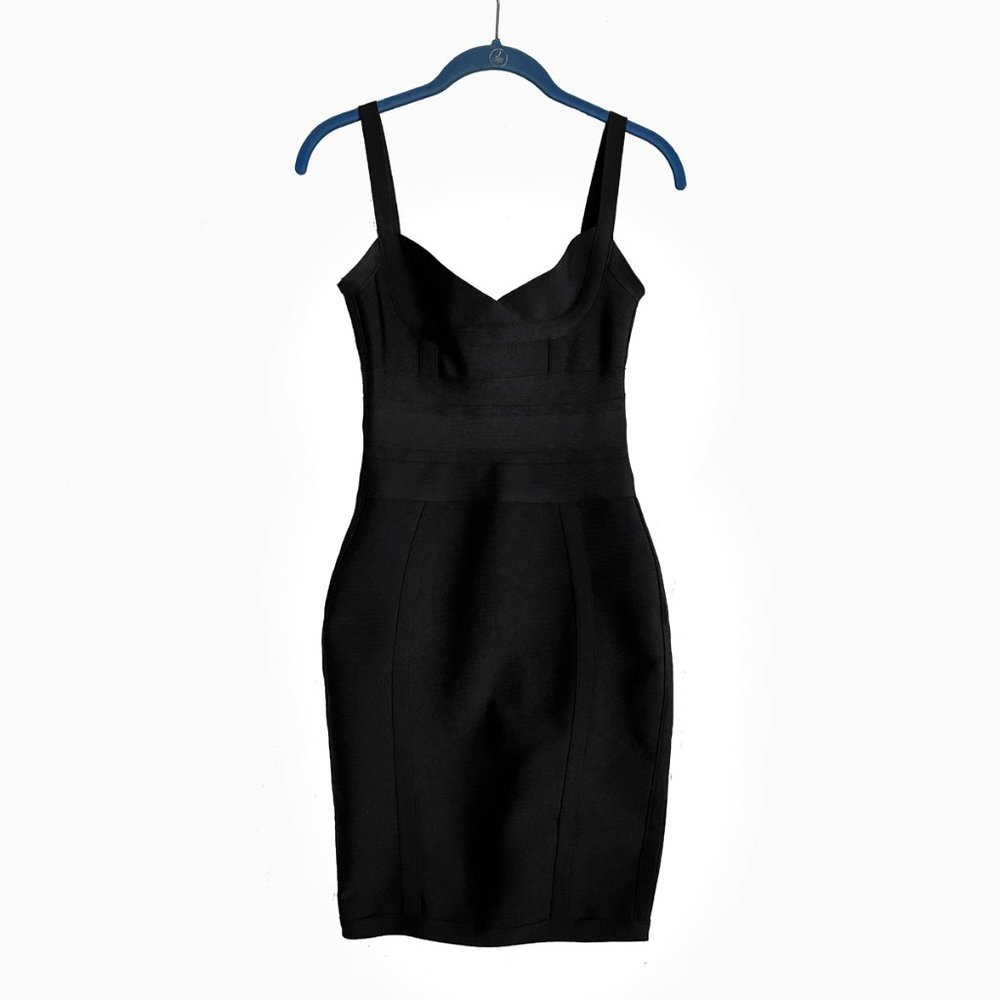 Bodycon mini dress, black, tight, stretchy. Size S fits XS. Sleeveless.